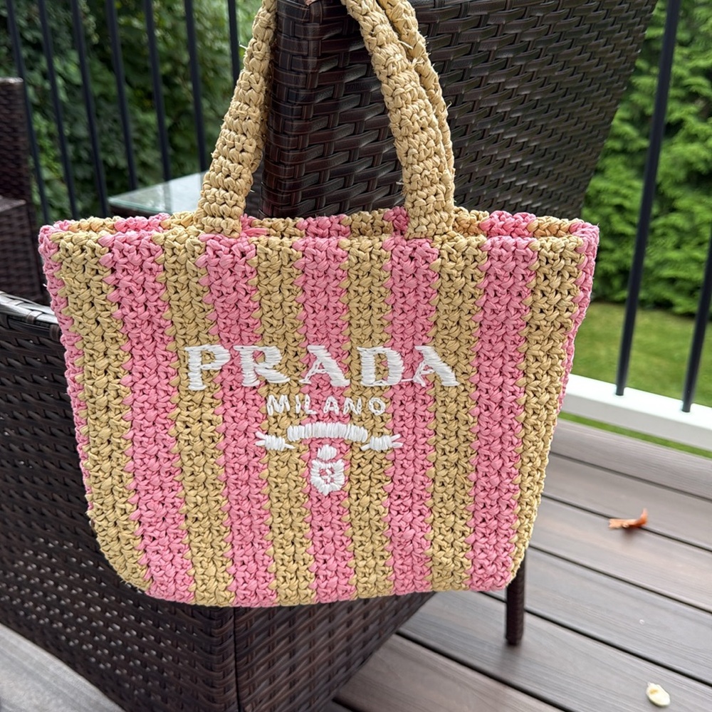 Prada pink striped raffia small tote